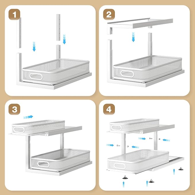 2-Pack 18.5 IN Depth Under Sink Organizer With Next-Gen Ball-Bearing Slides,Sophisticated Mesh 2-Tier Pull Out Shelf for Kitchen & Bathroom,Fits Small Items-White(Patented)