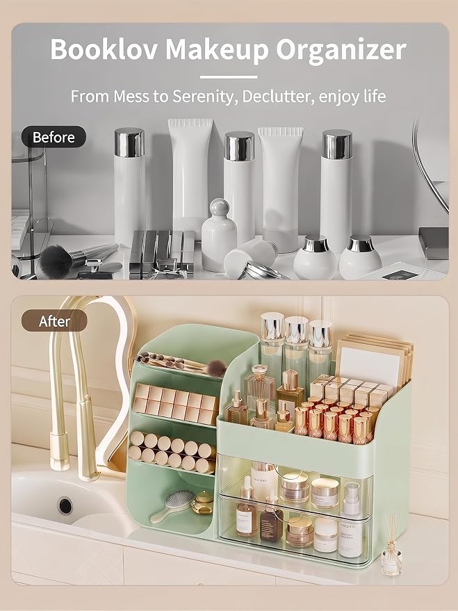 Booklov Small Makeup Organizer for Vanity Countertop, Green | Clear Acrylic Cosmetic Display Case, Beauty Brush Holder for Bathroom Counter, Make Up Skincare Lipsticks Storage