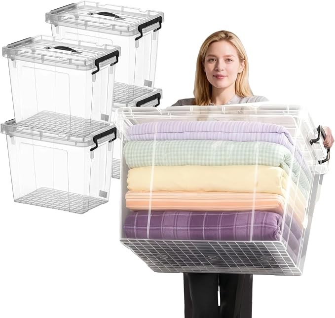 4 Pack 120 QT Plastic Storage Bins with Lids | Clear Stackable Bins with Secure Latches and Handles Heavy-Duty Storage Containers For Home Office and Garage Organization