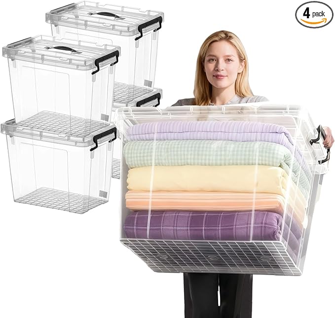 4 Pack 90 QT Plastic Storage Bins with Lids | Clear Stackable Bins with Secure Latches and Handles Heavy-Duty Storage Containers For Home Office and Garage Organization