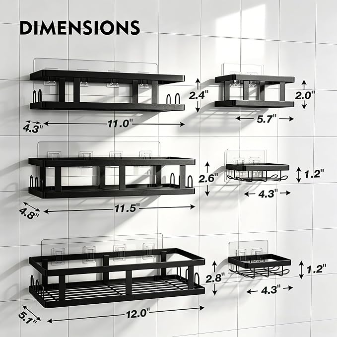 Youvip Black Shower Caddy 6 Pack, No Drill Rustproof Adhesive Shelves | Black Finish, 6-Piece Set, No Drilling, Rust Resistant, Large Capacity, 6 Adhesives, 24 Built-In Side Hooks