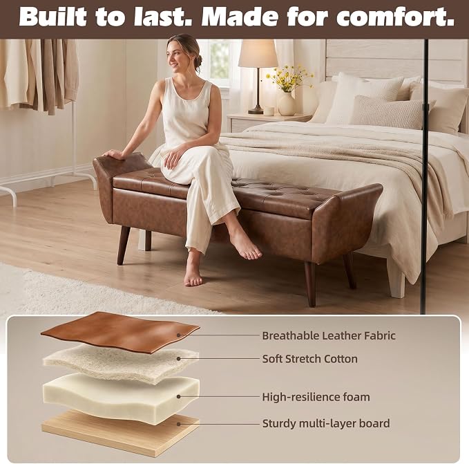 Storage Ottoman Bench 64’’ Leather End of Bed Bench Easy-to-Assemble