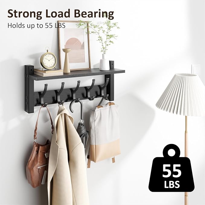 Optish Coat Rack Wall Mount with Shelf, 17.1 Inch Coat Hanger Walls Mounted, Hat Rack for Walls, Shelf with 5 Coat Hooks, Wall Hanger for Entryway (Black)