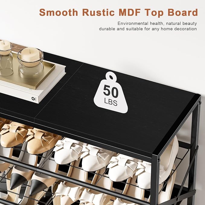 10 Tier Metal Shoe Rack with Wood Top, 30-40 Pairs Black | 65.4in tall for max capacity. 3 iron sheets secure heels. Removable shelf for boots. Top displays decor.