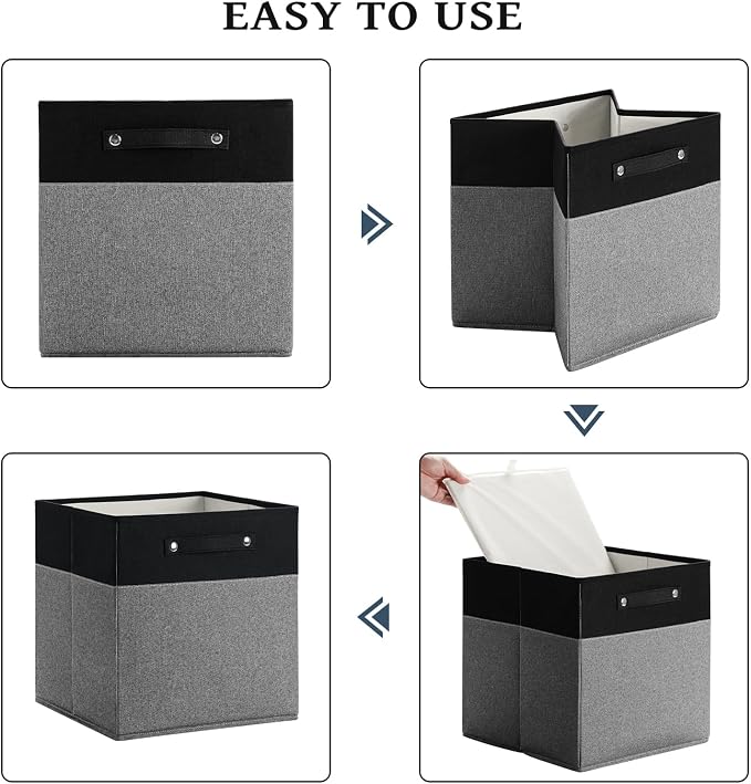 FinishingBo 13x13x13 Storage Cube Bins 6 Pack, Cube Shelf Baskets | Foldable Storage Cubes, Linen Storage Bins with Handles, Closet Organizers, Black/Gray