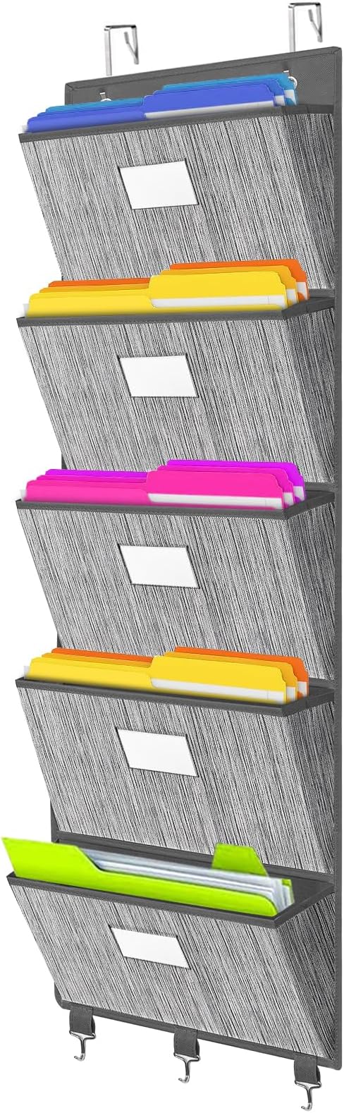 Over the Door File Organizer, Hanging File Folders, Wall Organizers and Storage for Mail, Magazine, Notebooks, Planners, Office, Classroom, 5 Extra Large Pockets, 50.39” Tall (Grey)