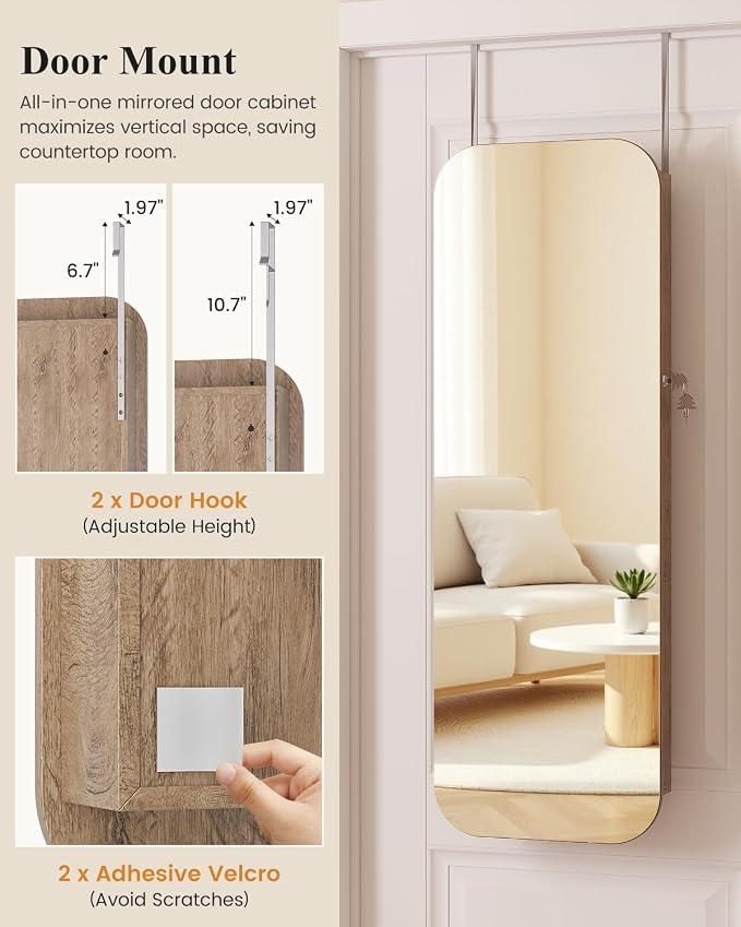 6 LEDs Mirror Jewelry Cabinet Door Hanging, 42.5", Lockable, Brown | Jewelry Organizer with Full Length Mirror, Wall Mounted Large Jewelry Storage for Earrings, Rings, Necklaces