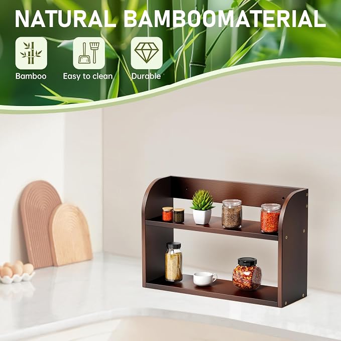 ROMGUAR CRAFT 2 Tier Bamboo Spice Rack, Countertop or Wall Mounting Wood Spice Jars Organizer Shelf for Kitche, Pantry (Brown)