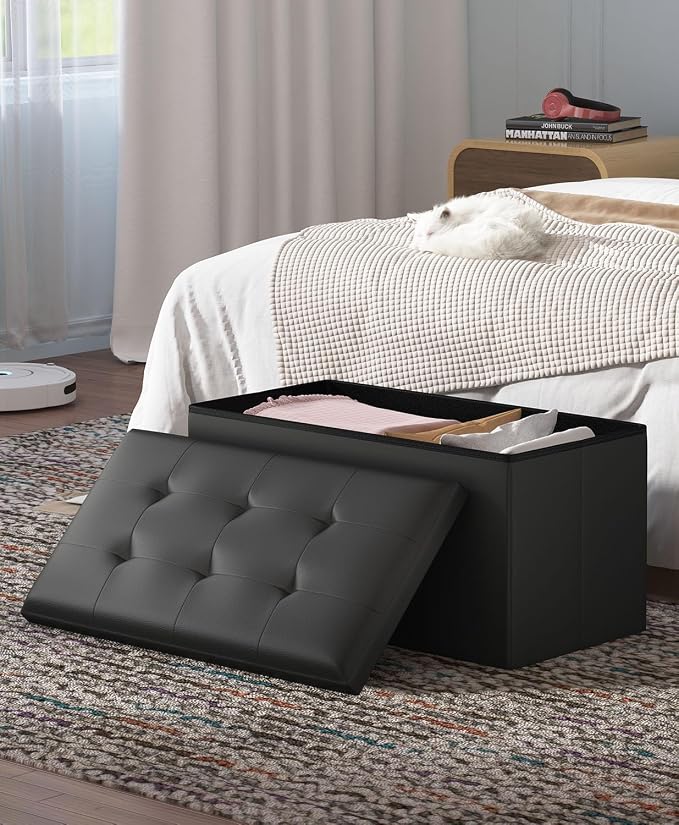 Folding Storage Ottoman Bench, Black, 30 Inches | Multi-Functional Ottoman Foot Rest, End of Bed Bench, Storage Chest, Living Room, Bedroom, Hallway, Entryway, 600 lb Capacity