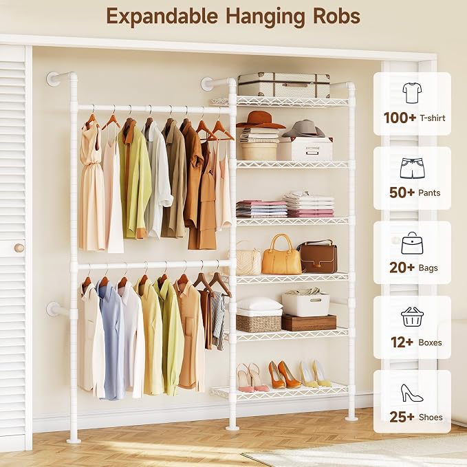 H2 Wall Mounted Clothing Rack, Expandable Industrial Pipe Clothes Rack Garment Racks for Hanging Clothes, Heavy Duty Closet Organizers and Storage in Closet System, White