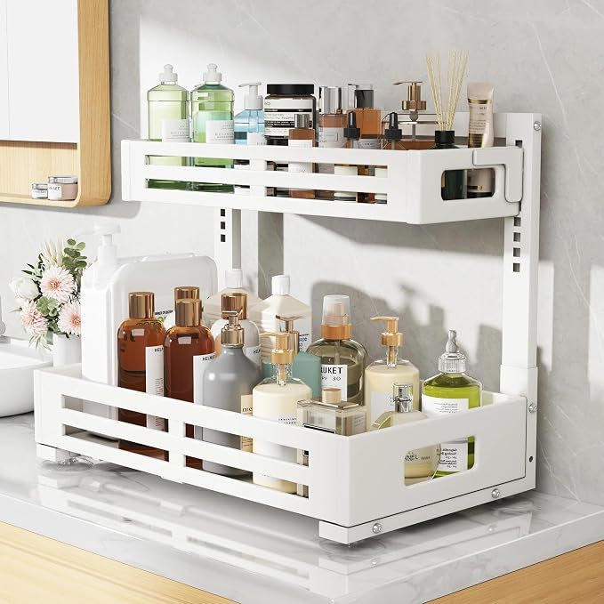 2 Pack 19IN-Depth Under Sink Organizer,Pull Out Cabinet Organizer With Smooth Cylindrical Rail,Metal Slide Out Drawer for Kitchen Bathroom Laundry,8-Level Tool Free Height Adjustable-White