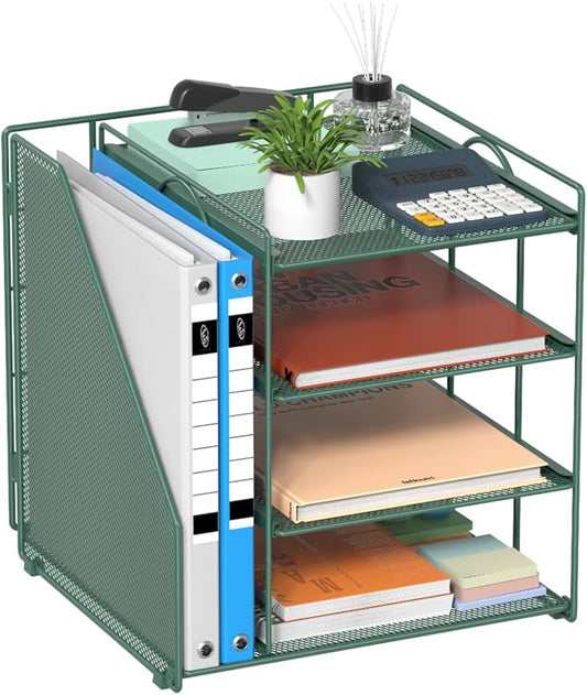 Desk File Organizer and Accessories, 4-Tier Paper Organizer with Vertical File Holder, Office Desk Accessories & Workspace Organizers and Storage for Office Supplies (Green)