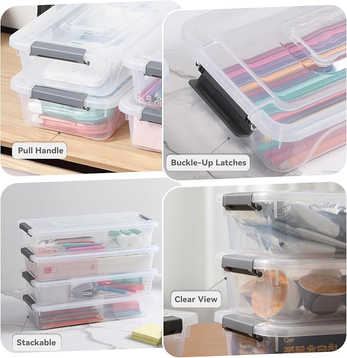 novelinks 4 Quart Clear Plastic Storage Containers with Lids (8 Pack) | Storage Bins with Lids, Stackable Small Clear Bins, Craft Storage Box, Paper Storage, Under Bed Storage Bins, Pencil Box