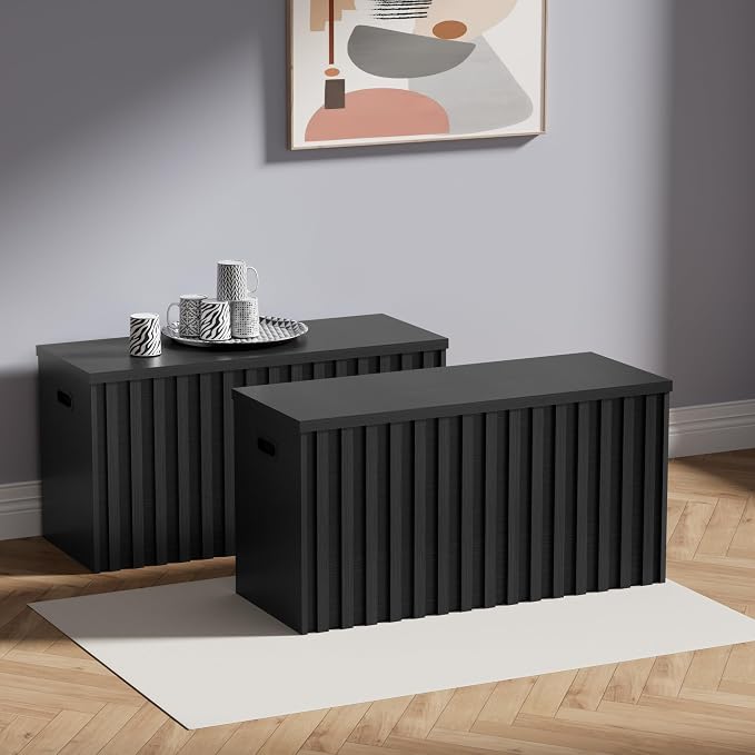 Black Storage Bench Set of 2, 39.4" Fluted Wood Storage Trunk with 2 Safety Hinges, Sturdy Storage Chest, Storage Bench for Bedroom,Entryway, Living Room
