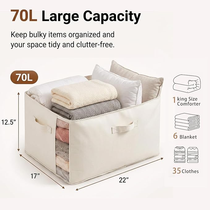 2Pack Canvas Storage Bags for Clothes & Comforters with Clear Window, Beige | 70L Large Capacity, Cotton Linen Fabric, Reinforced Handles, Foldable Design for King Comforters, Clothes and Blanket Storage