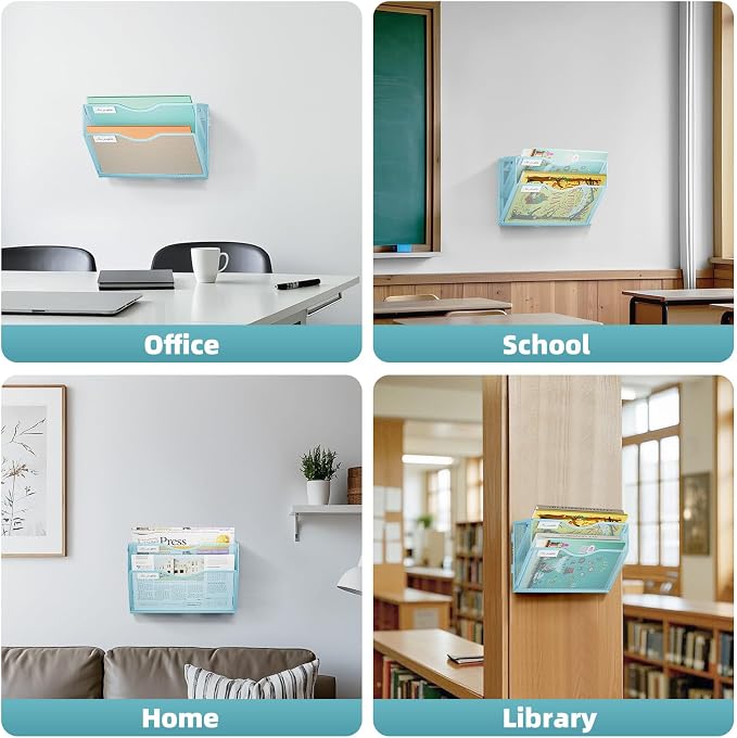 Marbrasse Wall File Holder 2-Tier Hanging Wall File Organizer, Mesh Mail Holder for Papers, Wall Mount File Clipboard & Magazine Organizer Great for Office Home - 2P(Blue)
