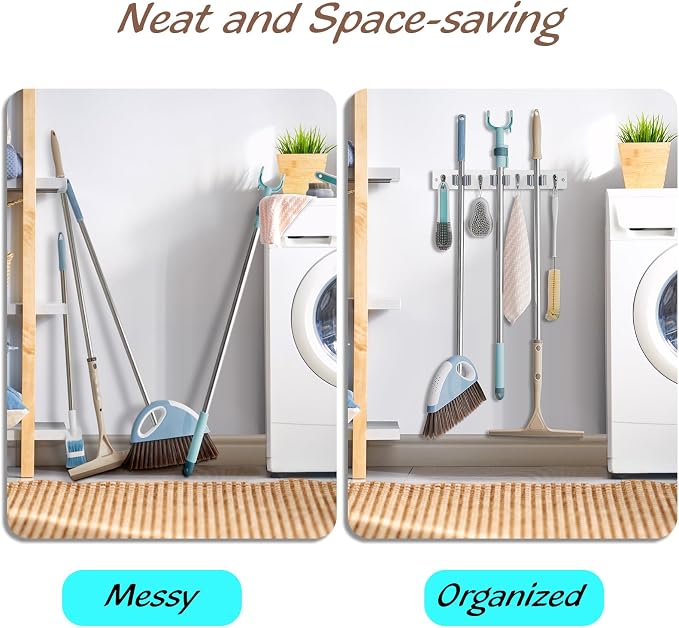 OUTNILI 2 Pack White Mop Broom Holder Wall Mount with 3 Slots & 4 Hooks - Rustic Wood Broom Mop Hanger for Pantry Kitchen Organization - Garden Tool Organizer for Closet Laundry Room