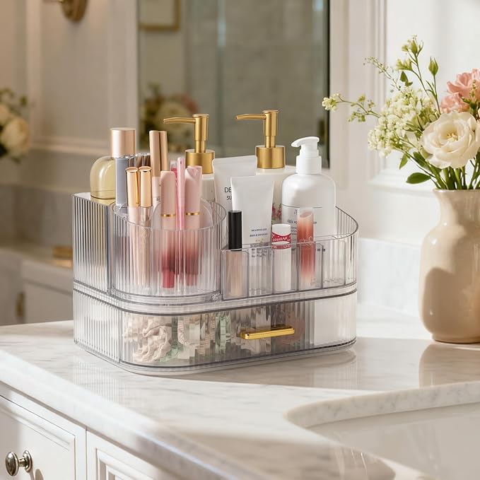 Delamu Rotating Makeup Organizer countertop, Brush Holder for Vanity, Clear | Stackable Drawer Makeup Storage for Skincare, Lipstick, Brushes & Perfume, Fits Dresser & Bathroom Countertop, Gift for Women