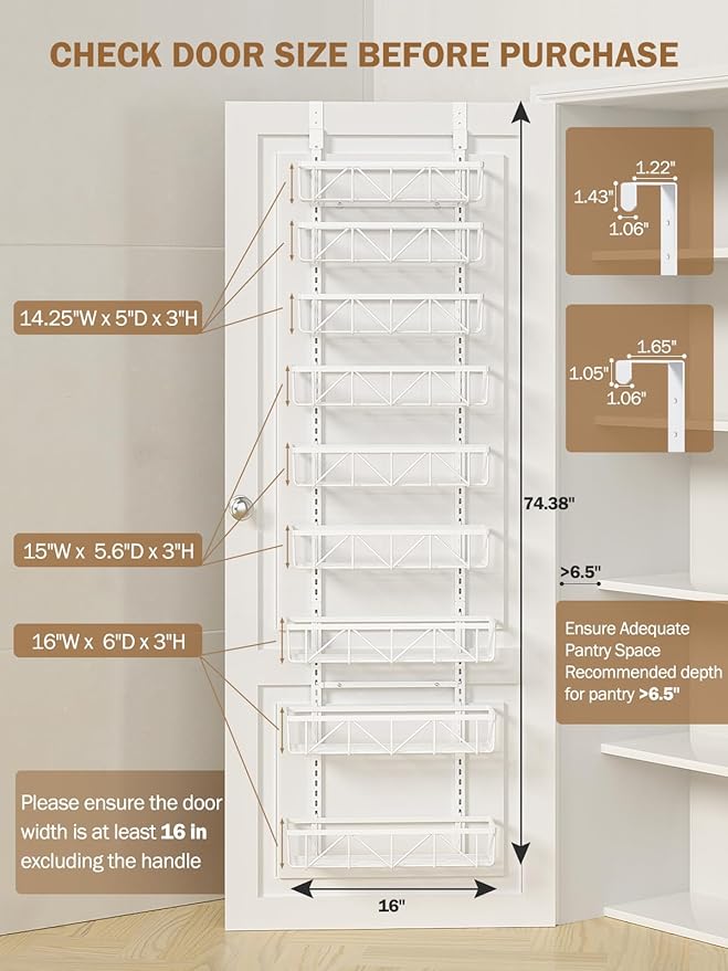 Delamu Adjustable Over the Door Pantry Organizer, 9-Tier Metal Pantry Organization and Storage for Kitchen, Hanging Spice Rack Seasoning Shelves, Cabinet Door Organizer for Easy Install, 16" White