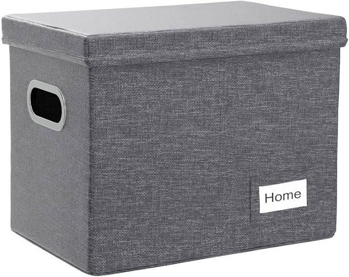 File Organizer Box - Set of 2 Collapsible Decorative Linen Filing Storage Hanging File Folders with Lids Office Cabinet Letter Size Grey (14x9.3x10.8 inch)