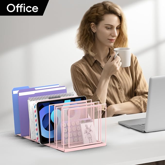 File Organizer for Desk, 7-Section Vertical File Sorter, Paper Holder Organizer Standing Metal File Folder for Office Home Classroom, Pink