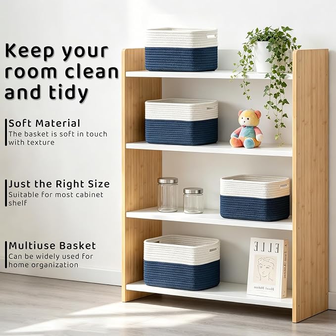 4 Pack Storage Baskets for Organizing, 11''Lx9''Wx8''H Woven Baskets for Storage Toys, Towels, Books, and Clothes, Cotton Rope Basket for Shelves with Handle