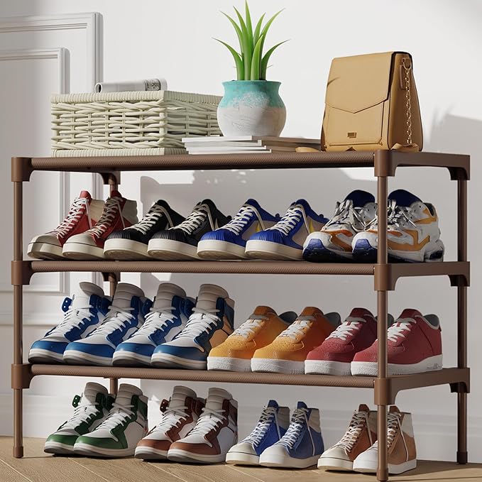Kitsure Shoe Rack - Non-Woven Shoe Rack Shelf, 27.5" Wide - 3 Tier, Brown | Shoe Organizer for Closet, Entryway, Garage, Stackable Shoe Shelves, college dorm&apartment essentials