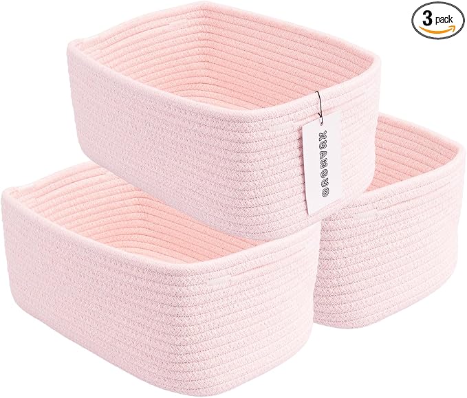 XUANGUO Small Woven Storage Baskets for Shelves, 13" x 9" x 5", Pink | Decorative rope storage bins for closets and toy storage; cute organizer baskets, empty gift baskets and nursery storage.