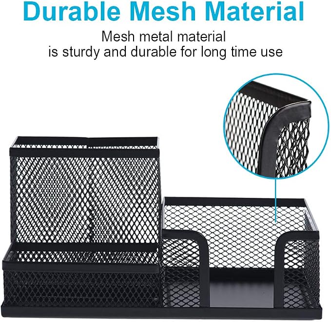 2-Piece Desk Pen & Pencil Organizer - Mesh Metal Pen Cup with Sticky Notes Holder, Black | Pen Cup