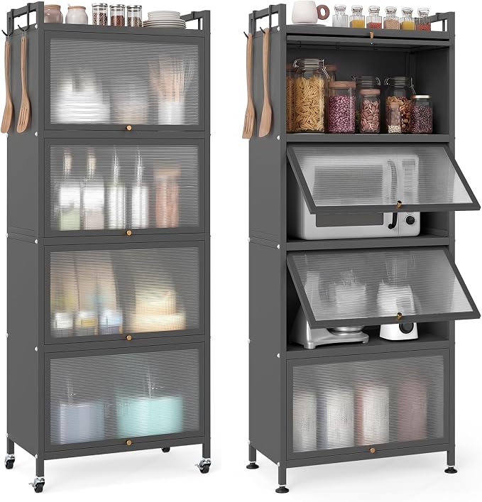 Giantex 5-Tier Kitchen Storage Cabinet, Freestanding Metal Pantry Cabinet w/ 4 Flip-up PC Doors, 4 Hooks & Adjustable Feet, 60” Tall Bakers Rack Microwave Stand for Dining Room, Living Room, Grey