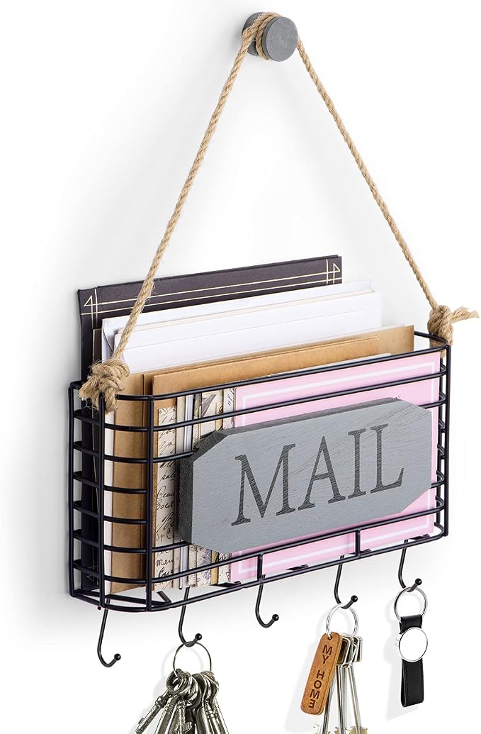 SRIWATANA Mail Organizer Wall Mount, 5 Key Hooks, Small, Weathered Grey | Mail Holder Key Holder for Wall, Hanging Mail Sorter, Letter Basket for Receipts Bills Envelopes, Home & Office Organizer