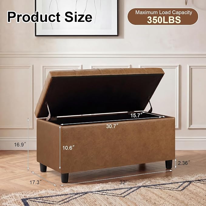 Storage Ottoman Bench,Faux Leather Upholstered Ottoman with Storage,End of Bed Bench with Safety Hinge,for Entryway,Bedroom,Living Room