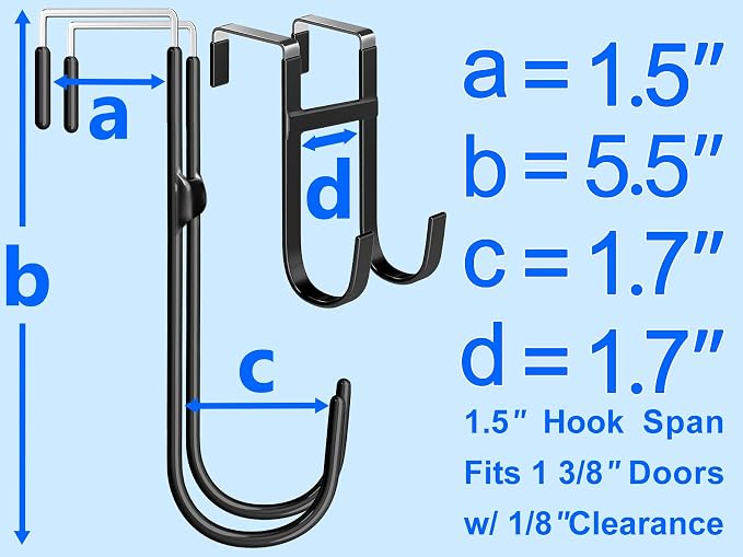 Double Over Door Steel Hooks 2 Pack Fit 1-3/8" Door 5.5" Black | Plastic Coated Rubber Feel Towel Rack Robe Coat Shoe Wreath Hanger No Damage No Scratch for Bathroom Heavy Duty Thin Top