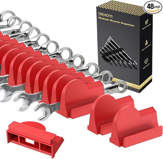 DEHOYI 48 pcs Magnetic Modular Wrench Organizers for Tool Drawers - Wrench Rack with Metric&SAE Labels, Perfect Tool Storage Holder with Magnet. Gift for mechanics (Red)