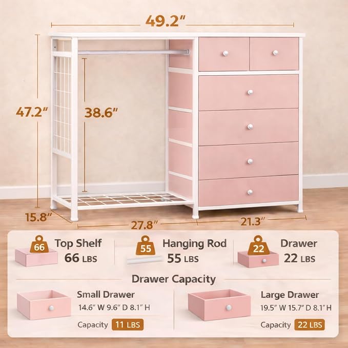 Simple Deluxe Storage Clothes Rack with 6 Drawers, Charging Station & LED Lights, Fabric Chest Shelves Clothing Rack, Wooden Portable Wardrobe Closet, 49.2" W x 15.7" D x 47.2" H, PINK