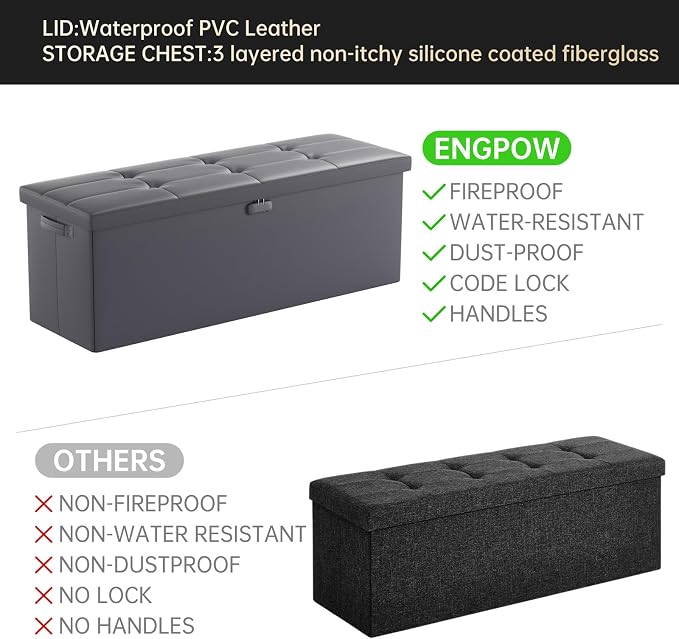 ENGPOW Storage Ottoman, Fireproof Folding Bench with Lock(15”x 43”x15”), Water-Resistant ＆ Heat Insulation Large Storage Chest with Handles＆2 Extra Spaces Safe for Living Room, Bedroom, Home, Grey