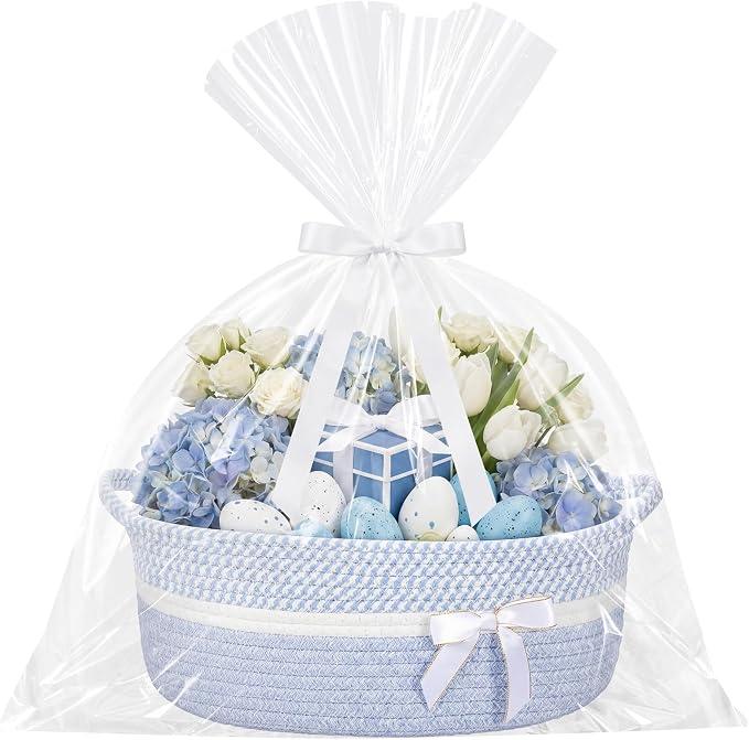 Colingmill 1 Set Woven Empty Basket for Gift,Blue White | with Cellophane Wrap Set, 14 x 10 x 5.5 Inch, Medium Decorative Gift Basket, Cotton Rope Storage Box, Home Decor