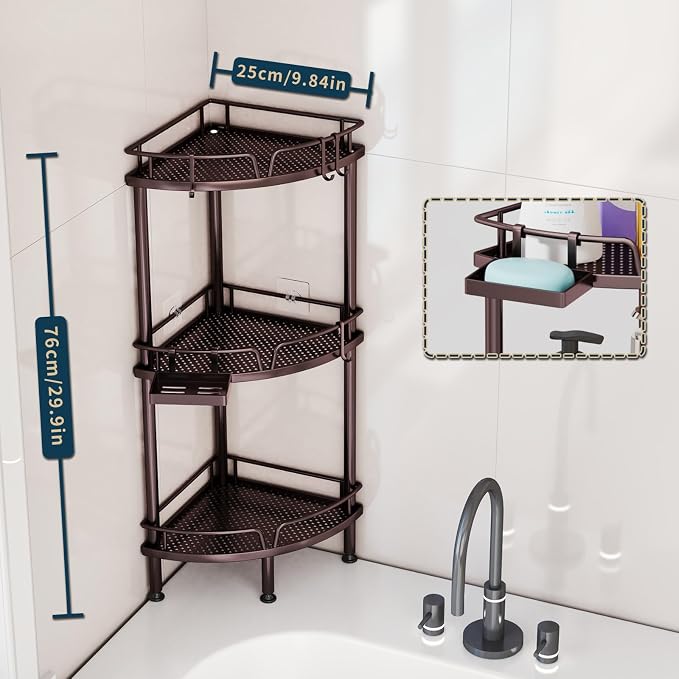Consumest Corner Shower Caddy Stand - 3 Tier Shower Organizer with Soap Holder, Tall Floor Corner Shelves Standing with Adjustable Feet & 4 Hooks, Storage Rack for Bathroom, Bronze