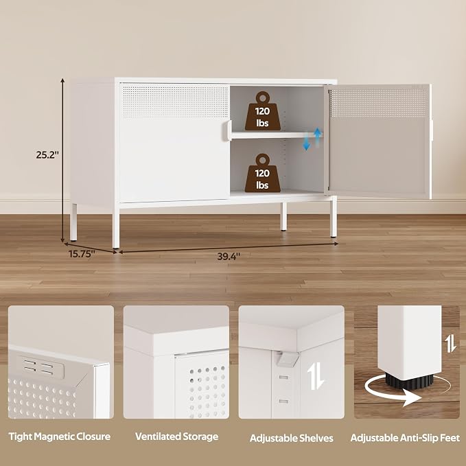 Metal Storage Cabinet with 2 Doors & Adjustable Shelves, White | 25"H Accent Cabinet, Metal Locker Storage Cabinets, TV Stand Cabinet for Home, Office, Living Room, Entryway