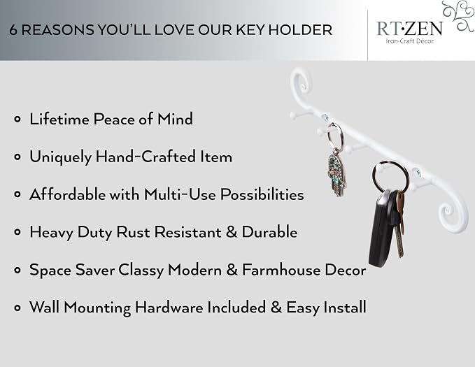 RTZEN Farmhouse Small Key Holder for Wall, Wrought Iron Wall Mount Rack | Handcrafted Swirl Decorative, 5 Key Hooks for Home Entryway, Purse, Coat and Leash Holder or Organizer (Classic White)