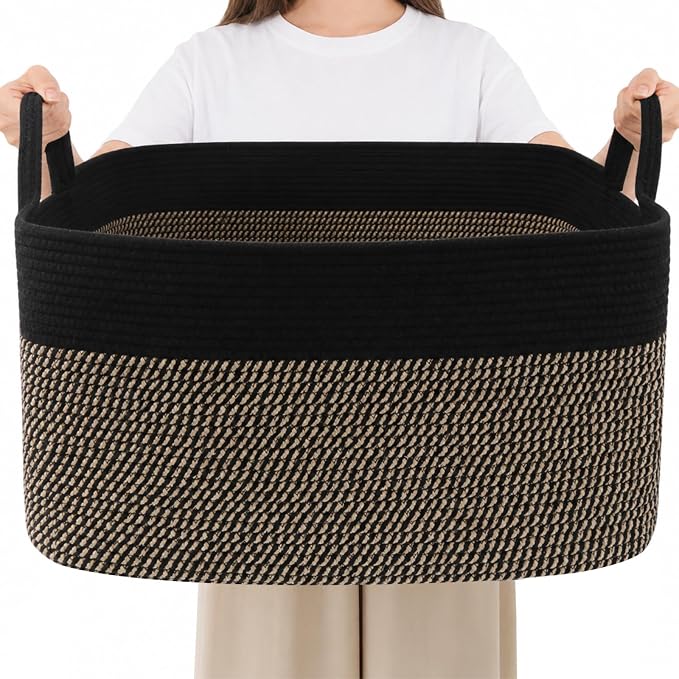 96L XXXLarge Woven Laundry Basket with Sturdy Handles - Black/Jute | Machine washable,Space-Saving Collapsible Design,Cotton rope, blanket basket living room,for toys clothes nursery bathroom
