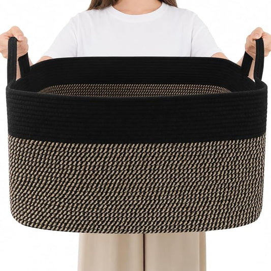 65L Collapsible Woven Rope Laundry Basket with Handles,Black/Jute | 21x16x12 Foldable Rectangular Blanket Basket for Toys, Clothes & Pillows,Ideal for Nursery, Bathroom, Bedroom, Living Room