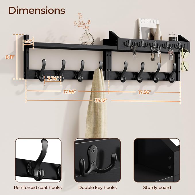Evermagin 35" Coat Rack Wall Mount with Shelf & 13 Hooks, Entryway, Black | 4-in-1: coat hooks, key hanger, mail holder & display shelf. Pine wood. For bedroom, hallway, mudroom, livingroom