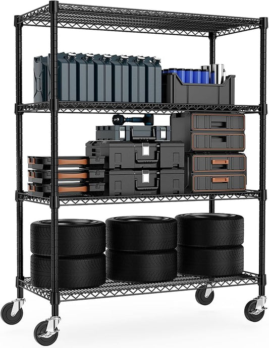 M MZG 53" W Storage Shelves 1760LBS 4 Tier Metal Shelving Unit with Wheels Heavy Duty Garage Shelving Adjustable Wire Shelves for Pantry,Kitchen,Garage,Basement,Black 23.6" D x 53.2" W x 73.6" H