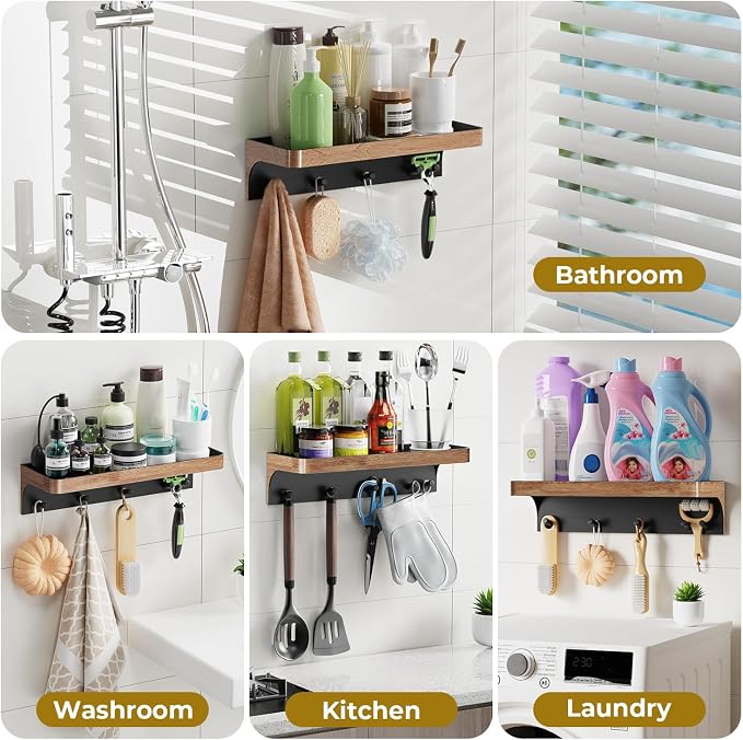 Shower Caddy Adhesive with 5 Hooks & Drainage, No-Drill, Wood | Plastic Wall Bathroom Shelf Rack Organizer, Inside Shower Storage Holder for Bath Accessories, Bathroom Shelves Wood-Look