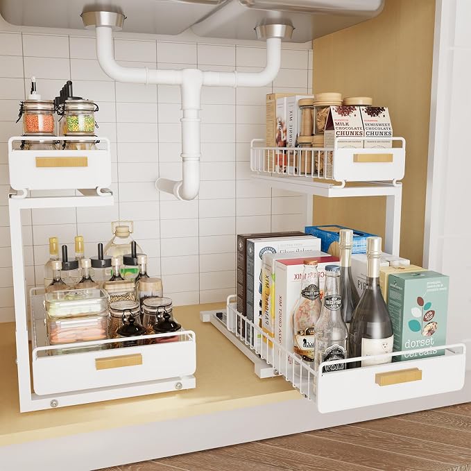 2 Pack Under Sink Organizer with Ball Bearing Sliding Drawer, Heavy Duty Pull Out Cabinet Organizer, 2 Tier Adjustable Storage Rack for Kitchen Bathroom, Space Saving Design, White