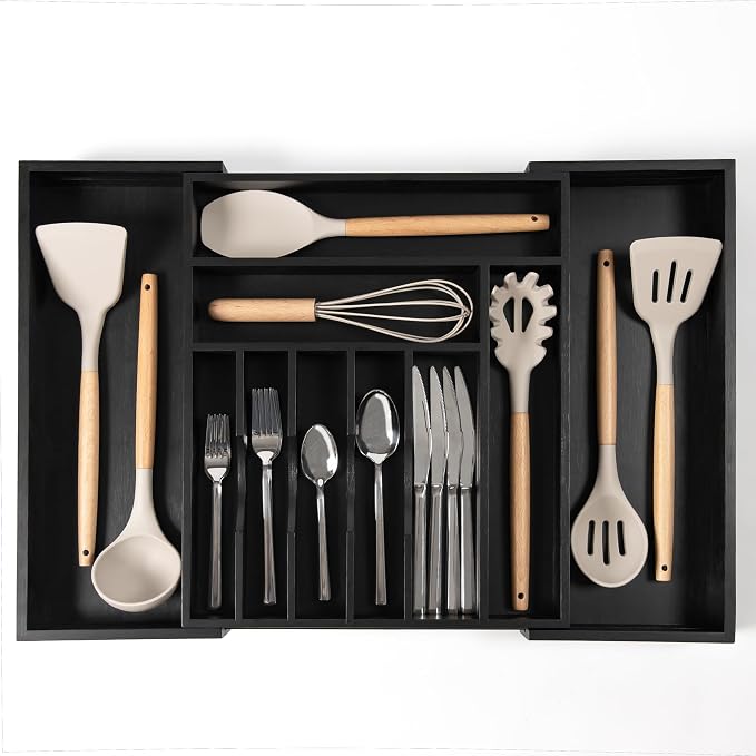 KitchenEdge Silverware & Utensil Drawer Organizer, 14.5-25 in, Black Bamboo | Cutlery, flatware, food-safe contract grade, kitchen drawer fit