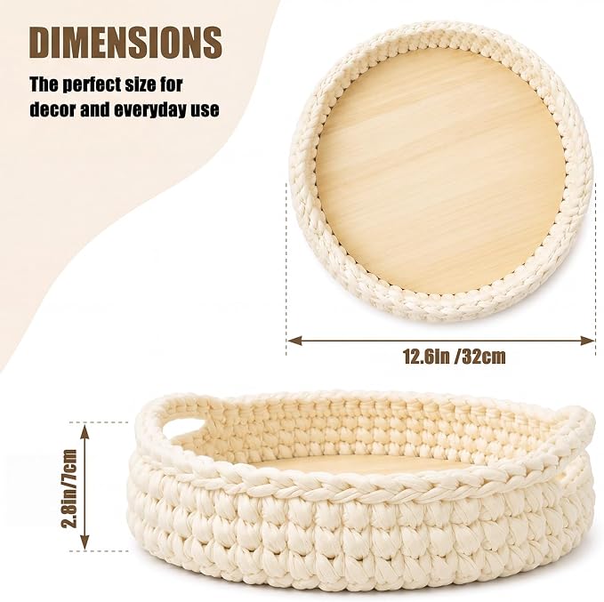 Crochet Serving Tray with Handle 12 Inch Handmade Knitted Woven Tray Round Rattan Basket Woven Cotton Rope Basket Boho Organizer Decorative Beige Macrame Decor for Farmhouse Storage Table