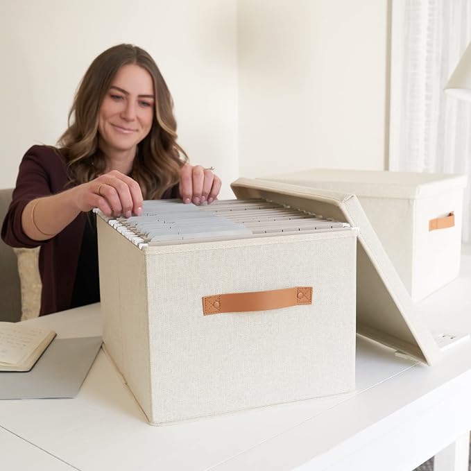 Decorative File Organizer Box Set of 2 - Collapsible Linen Filing Cabinets | Stores Documents and Hanging File Folders - Portable Office Crates with Lid and Handles for Easy Slide Access