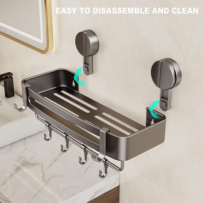 Shower Caddy Suction Cup, 1 Pack Corner Shower Shelves No Drilling, Showers Organizer Storage with Towel Bar & Removable Hooks, Bathroom Shower Shelf Rack for Inside Showers